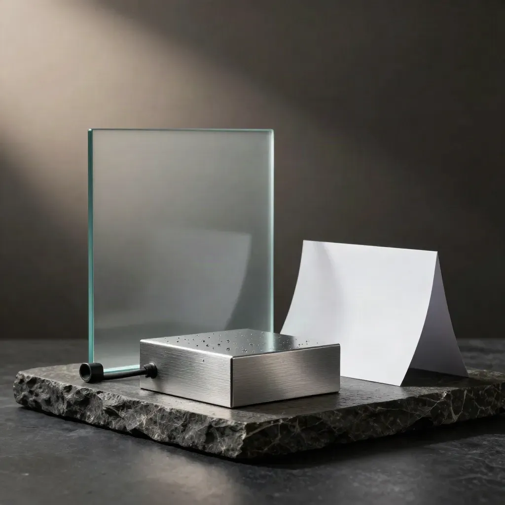 Dramatisches Produktstillleben mit Aluminiumblöcken, Glas und Stein für Dranoz Online