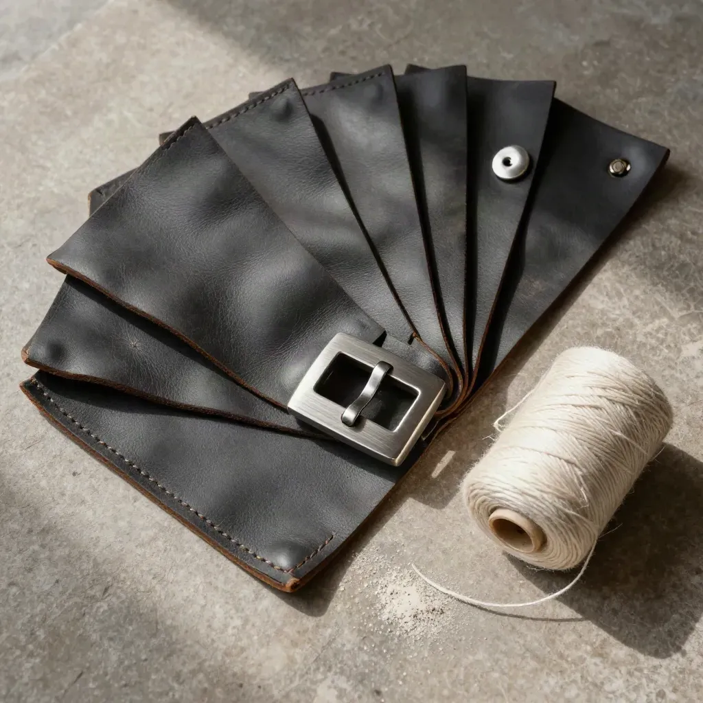 Leder-Swatch, Schnalle, Druckknopf und Garnspule auf Stein im Licht