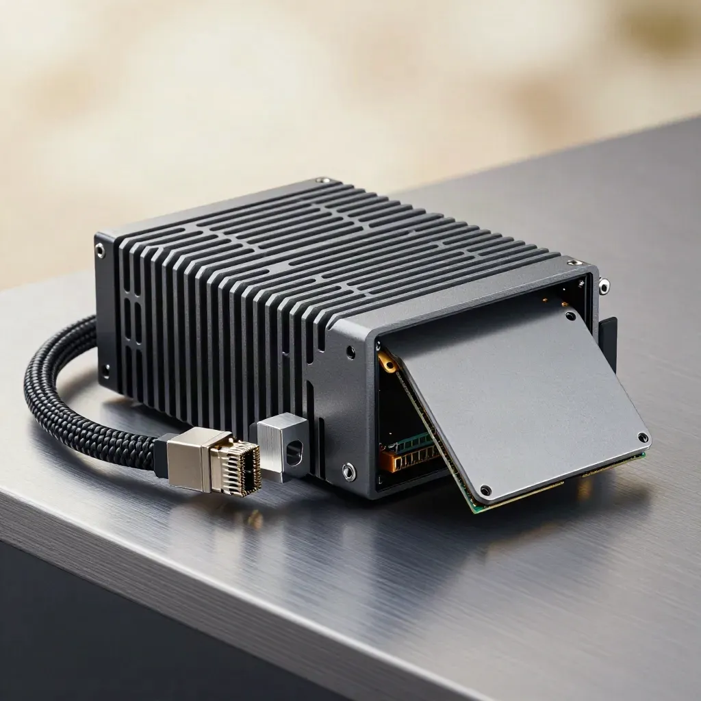 Servermodul mit Ethernetkabel, SSD-Hülle und Metallabstandshalter auf gebürstetem Stahl.