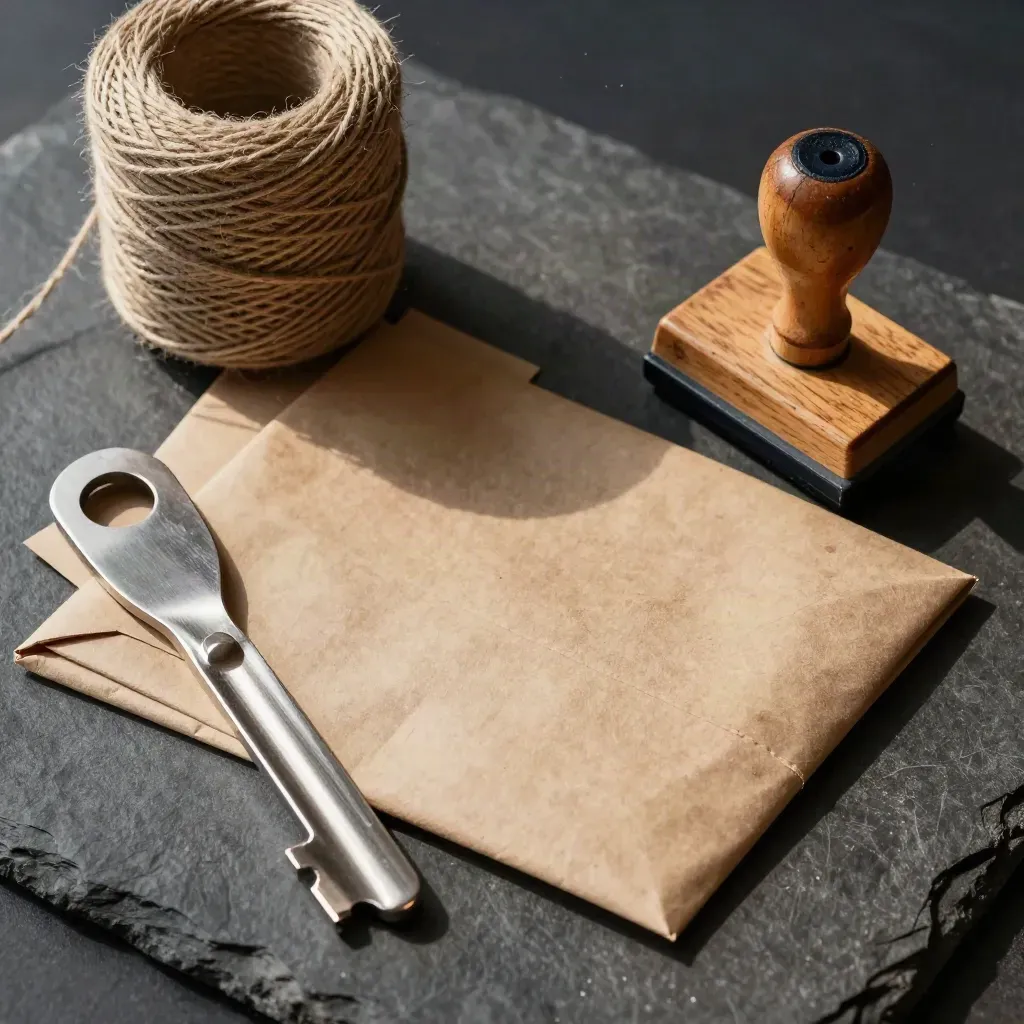 Kraftmailer, Zwirnspule, Stahlschneider und Stempelblock auf dunklem Steinsockel.