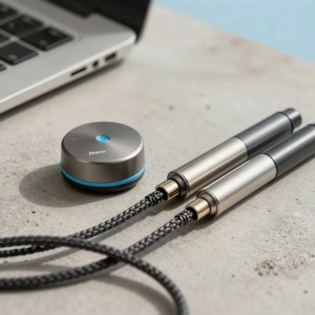 Tracking-Puck, geflochtenes Kabel und zwei Metallmarker auf grauem Beton im Draufsicht-Makro.