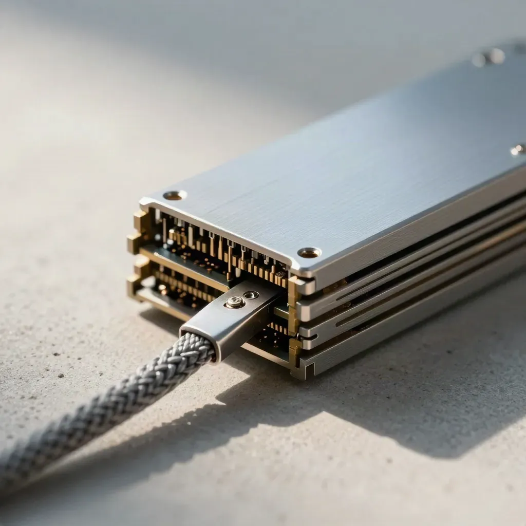 Makro von SSDs, geflochtenem Kabel und Alu-Gehäuse auf dunklem Beton.