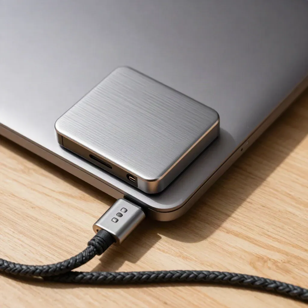 Geschlossener Laptop, Kabelbinder, Adapter und externe Festplatte auf heller Holzfläche.