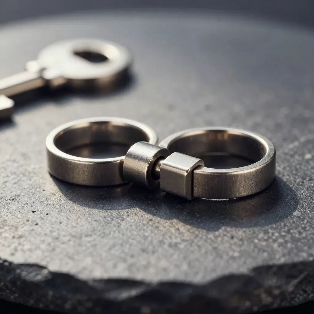 Metallringe und Steckverbinder auf dunklem Stein im dramatischen Licht.