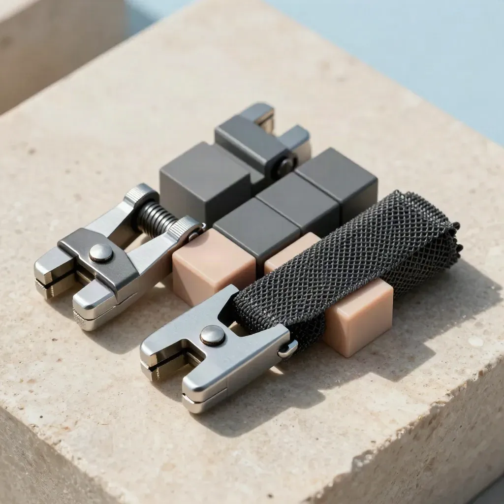 Makro von modularen Blöcken, Federklemmen und Kabelmesh auf hellem Steinsockel