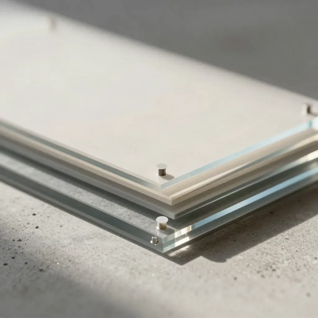 Transparente Acrylplatten mit Führungsstiften und Abstandshaltern auf grauem Stein.
